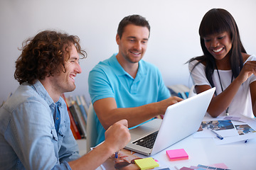 Image showing Business people, computer and teamwork, planning or collaboration for online marketing, group or internship ideas. Happy woman, men and manager with design training, advice and startup project on PC