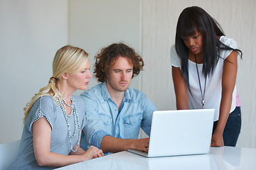 Image showing Laptop, office group and team reading, collaboration and cooperation on online report, research or web design. Editing process, creativity and people teamwork, planning or check project development