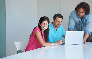 Image showing Office laptop, portrait or team cooperation, analysis or reading SEO data, business meeting or website design. Happiness, computer or people teamwork, planning and smile for webdesign development