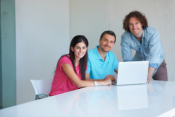 Image showing Office laptop, group portrait or team cooperation, collaboration and happiness for SEO data, digital or web design. Project, computer or people teamwork, planning or smile for webdesign development