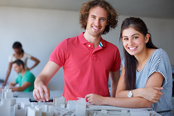 Image showing Architecture model, team portrait and happy people planning real estate development, project or 3d buildings design. Teamwork, cooperation or architect collaboration on creative property construction