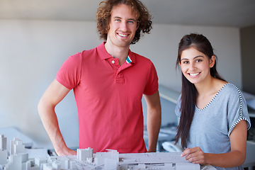 Image showing Architecture model, professional portrait and happy people planning development, project or buildings design. Partner teamwork, engineering or architect on property, construction or infrastructure