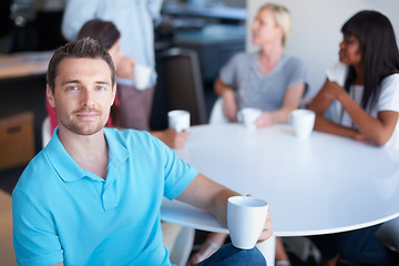 Image showing Coffee break, portrait and professional man with morning wellness drink, caffeine beverage or green tea cup. Latte mug, fresh espresso and person with liquid coco, cacao hot chocolate or cappuccino