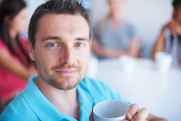 Image showing Tea, face portrait and professional man drinking morning wellness liquid, lunch break beverage or workplace coffee. Latte mug, headshot and person with company coco, caffeine or delicious cappuccino