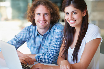 Image showing Office laptop, collaboration portrait and happy people with web development, job experience or career pride. Staff cooperation, startup entrepreneurship partner and team smile for online services