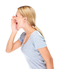 Image showing Profile, woman and shouting in studio with voice for protest, speech and human rights revolution. Angry model screaming to broadcast news, announcement and attention justice for on white background