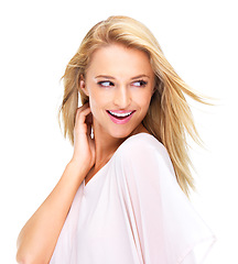 Image showing Thinking, beauty and face of woman in studio in trendy clothes, summer outfit and fashion. Cosmetics, aesthetic and happy isolated person smile with confidence, ideas and makeup on white background