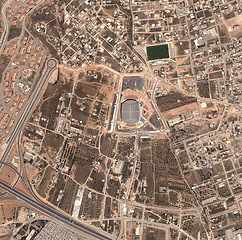 Image showing Aerial drone, state map and satellite view of landscape, nature and city outdoor. Land, urban or Iraq above with houses, neighborhood and roads with commercial development from top with infastructure