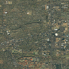 Image showing Aerial, map pattern and satellite view of urban road, building and land outdoor of town. Colorado, sky and above with streets, neighborhood and architecture with commercial development from top