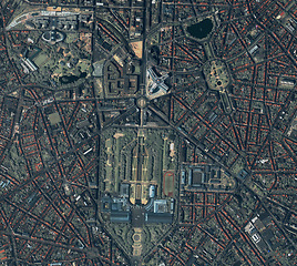 Image showing City, buildings and aerial of road for map with street lines, residential and town architecture. Landscape, geography and satellite, top view and atmosphere for urban development, globe and terrain