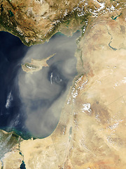 Image showing Ocean, satellite and aerial of nature on map for terrain climate, environment and coastline. Geography, planet and global, top view and atmosphere of sea, water and land for travel destination