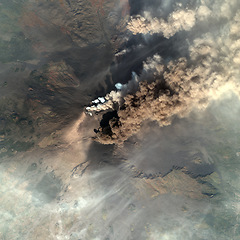 Image showing Volcano, aerial landscape and environment with satellite image and mountain range, Earth and location. Nature, background and top view with map and topography, smoke and geography with aerospace