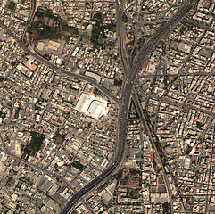 Image showing City, buildings and aerial for map with street lines, residential neighborhood and town architecture. Landscape, geography and satellite, top view and atmosphere for urban development, road or houses