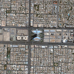 Image showing City, buildings and top view of earth map with nature, street and residential landscapes. Globe, land and aerial of road with field and houses from location satellite for environment development