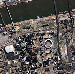 Image showing Aerial, state map and satellite view of skyline, nature and city outdoor with buildings. Land, urban and Iraq above with houses, neighborhood and roads with commercial development from top terrain