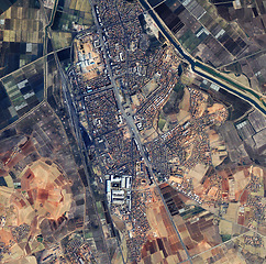 Image showing Aerial, state map and satellite view of landscape, nature and city outdoor with field. Land, urban and above with house, neighborhood and roads with commercial development from top with terrain