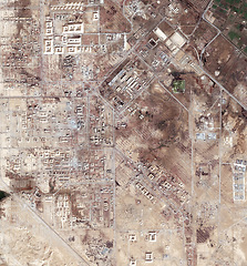 Image showing Aerial, drought map and satellite view of landscape, nature and desert outdoor with sand. Land and above with dust, neighborhood and roads with rural development from top with town and terrain