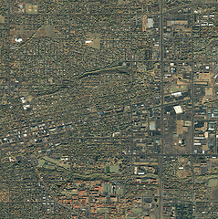Image showing Map, buildings and aerial of city with street lines, residential and town architecture. Landscape, geography and satellite, top view and atmosphere for urban development, neighborhood and houses