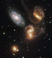 Image showing Cosmos, space and solar system in universe on black background with star light, pattern and color glow. Galaxy, infinity and planets in milky way with nebula shine, dark sky and spiral in aerospace.
