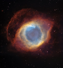 Image showing Cosmos, space and nebula dust cloud in universe on black background with light, color and glow in solar system. Galaxy, infinity and planets in milky way with shine, dark sky and stars in aerospace.