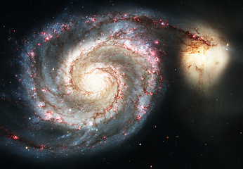Image showing Galaxy, space and spiral solar system in universe on black background with light, pattern and color glow in cosmos. Stars, infinity and planets in milky way with nebula shine, dark sky and aerospace.