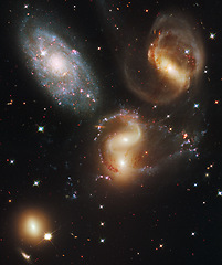 Image showing Cosmos, space and spiral stars in universe on black background with light, color and glow in solar system. Galaxy, infinity and planets in milky way with nebula shine, dark sky and dust in aerospace.