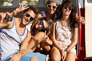 Image showing Photography, travel or friends taking selfie on road trip for a fun summer holiday vacation together. Smile, camera or group of happy people take pictures on an adventure for memory or freedom in van