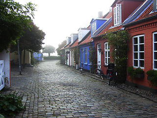 Image showing Cottage, cobblestone road and village, travel and neighborhood in Denmark with landscape or background. Traditional, town and tourism with street, property or houses, architecture and countryside