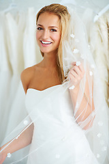 Image showing Wedding, smile and portrait of bride in a dress in luxury boutique, shop or store in a mall. Retail, romance and female person from Canada preparing for marriage ceremony, party or reception for love