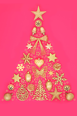 Image showing Christmas Tree Abstract Gold Bauble Decorations and Stars