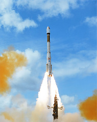 Image showing Rocket launch into sky, dust cloud and travel on space mission for research, exploration and discovery in cosmos. Science, aerospace innovation or technology, spaceship in flight with flame and fuel.