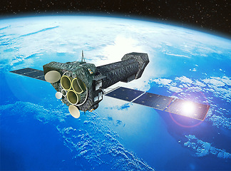 Image showing Space earth and satellite in orbit for surveillance, communication and global research. Aerospace, engineering and spacecraft for data transmission, tracking and navigation for planet observation.