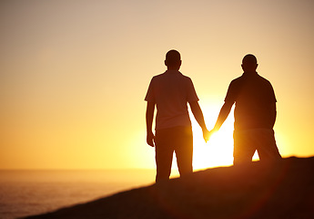 Image showing Silhouette, sunset and a gay couple at the beach holding hands for bonding, love and a date. Back, dark and lgbtq men with care, support and watching the view at the ocean or sun on a vacation