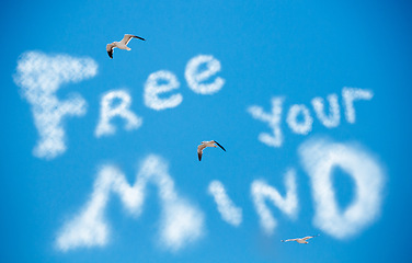 Image showing Message, blue sky and birds with words in nature for inspiration, motivation and summer environment. Illustration, clouds and writing for an uplifting headline or landscape in the air for peace