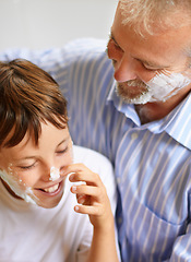 Image showing Father, son and face with shaving cream and smile for grooming for development and learning at home. Happy family, man and child with foam or aftershave for hygiene, lifestyle or parenting with love