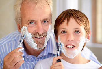 Image showing Father, son and portrait with cream and razor for grooming, development and learning in bathroom. Happy family, face of man and child with foam or shaving for hygiene, home or parenting with love