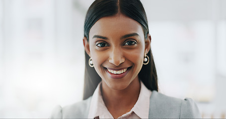 Image showing Business woman, portrait and smile on face in an office with confidence and career pride. Professional entrepreneur person from India at corporate company with positive attitude and happiness