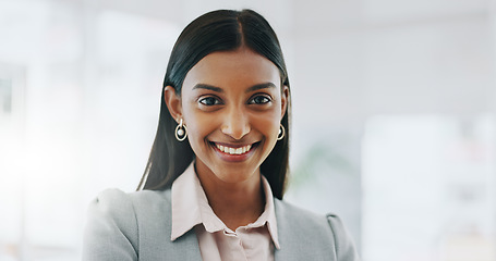 Image showing Happy business woman, face and manager of professional in corporate success at office. Portrait of female person, leader or employee smile in happiness for career ambition or opportunity at workplace