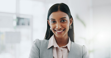 Image showing Happy business woman, face and manager of professional in corporate success at office. Portrait of female person, leader or employee smile in happiness for career ambition or opportunity at workplace