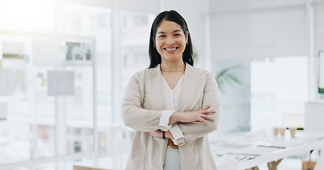 Image showing Portrait of businesswoman, smile in office and arms crossed, project manager at engineering agency. Face of happy woman, design business leader with pride and confidence for entrepreneur at startup.
