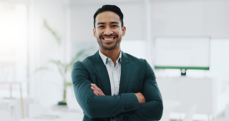 Image showing Portrait of businessman with smile in office, arms crossed and confident project manager at engineering agency. Face of happy man, design business leader with pride and positive mindset at startup.