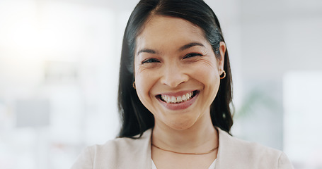 Image showing Portrait of happy woman, smile in office and confident project manager at engineering agency. Face of businesswoman, design business leader with pride and positive mindset for entrepreneur at startup