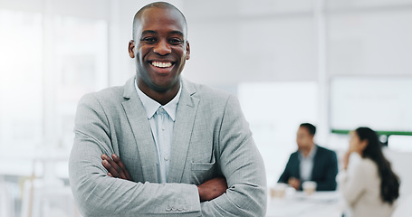 Image showing Portrait of black man, smile in office and arms crossed, confident project manager at engineering agency. Happy businessman, design business startup with pride, positive mindset and leader in Africa.