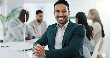 Image showing Portrait of businessman, smile in business office and confident project manager at engineering agency. Happy man, leader with pride and entrepreneur with positive mindset at renewable energy startup.