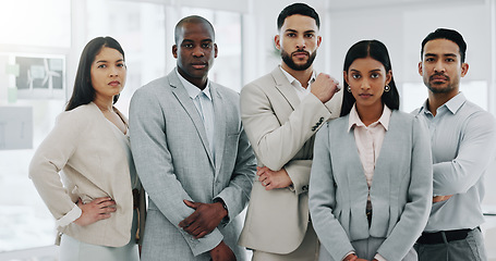 Image showing Face, business people and legal team in a workplace, management and leadership with confidence. Portrait, men and women in an office, lawyers and professionals with career, corporate and partnership