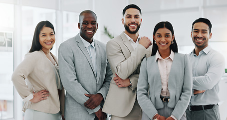 Image showing Face, business people and legal team with career, leadership and employees with partnership. Portrait, men and women in a workplace, lawyers or mission with career, corporate or formal with happiness