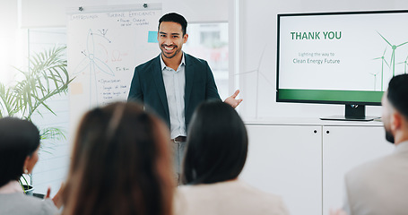 Image showing Businessman, presentation and coaching with questions in meeting, conference or idea at office. Asian man or mentor talking to audience or business people with hand raised for interaction at workshop