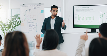 Image showing Businessman, presentation and coaching with questions in meeting, conference or idea at office. Asian man or mentor talking to audience or business people with hand raised for interaction at workshop