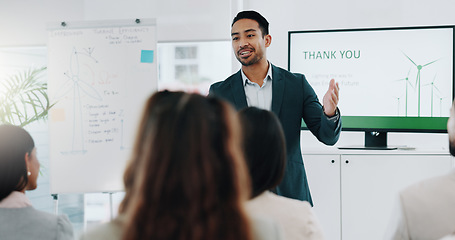 Image showing Presentation, man and a handshake in a meeting with business people for a welcome, thank you or deal. Workplace sustainability, Asian employee and greeting a group and shaking hands at a workshop