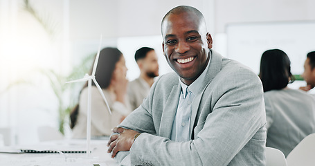 Image showing Portrait of black man, smile in and boss at business office, confident project manager at engineering agency. Happy businessman leader with pride, entrepreneur and renewable energy startup in Africa.